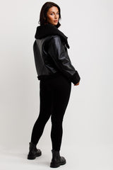 womens black faux leather aviator jacket uk