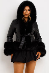 fur hood short coat with belt womens