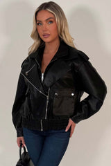 womens black faux leather aviator bomber jacket styledup