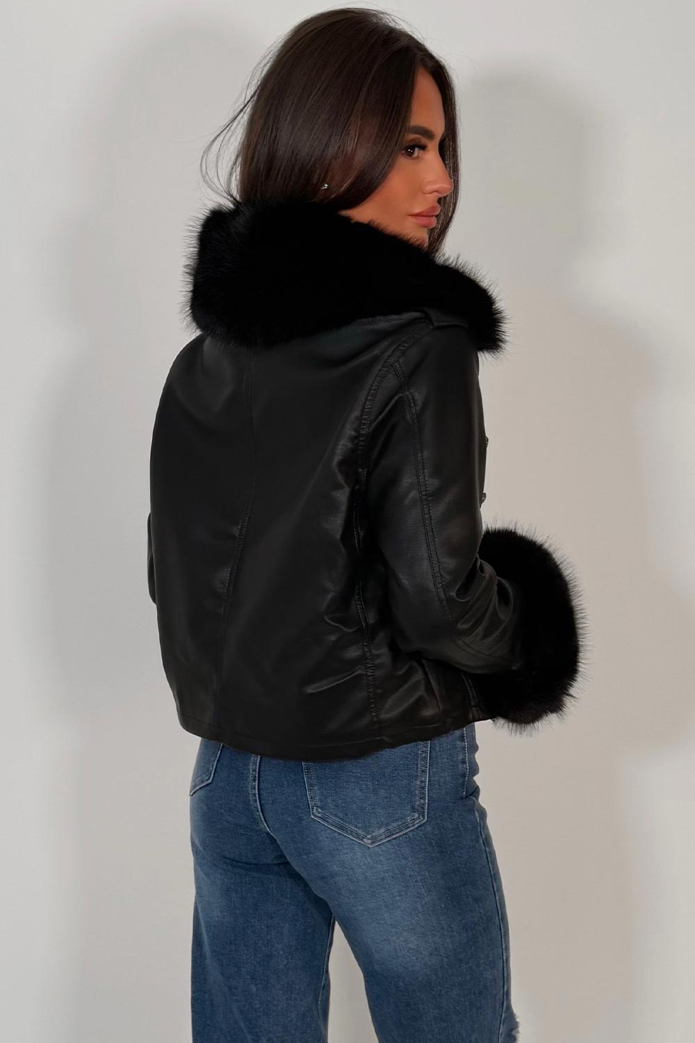 zara womens military style faux leather jacket with fur cuff and collar styledup uk