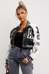 womens crop faux leather bomber jacket 