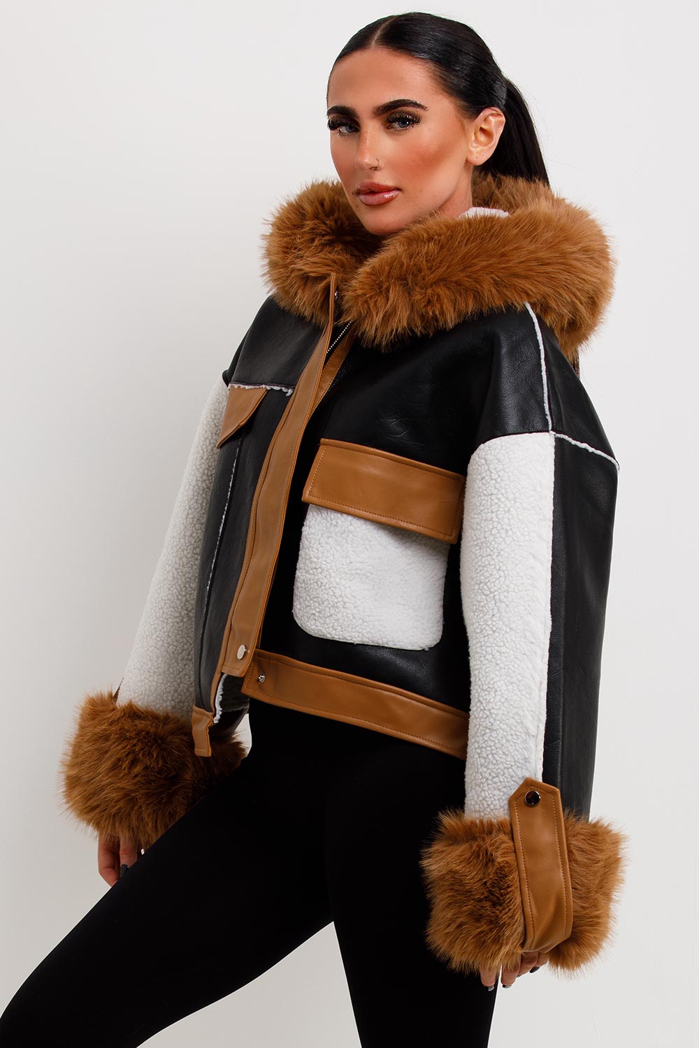 shearling faux fur hood faux leather jacket womens