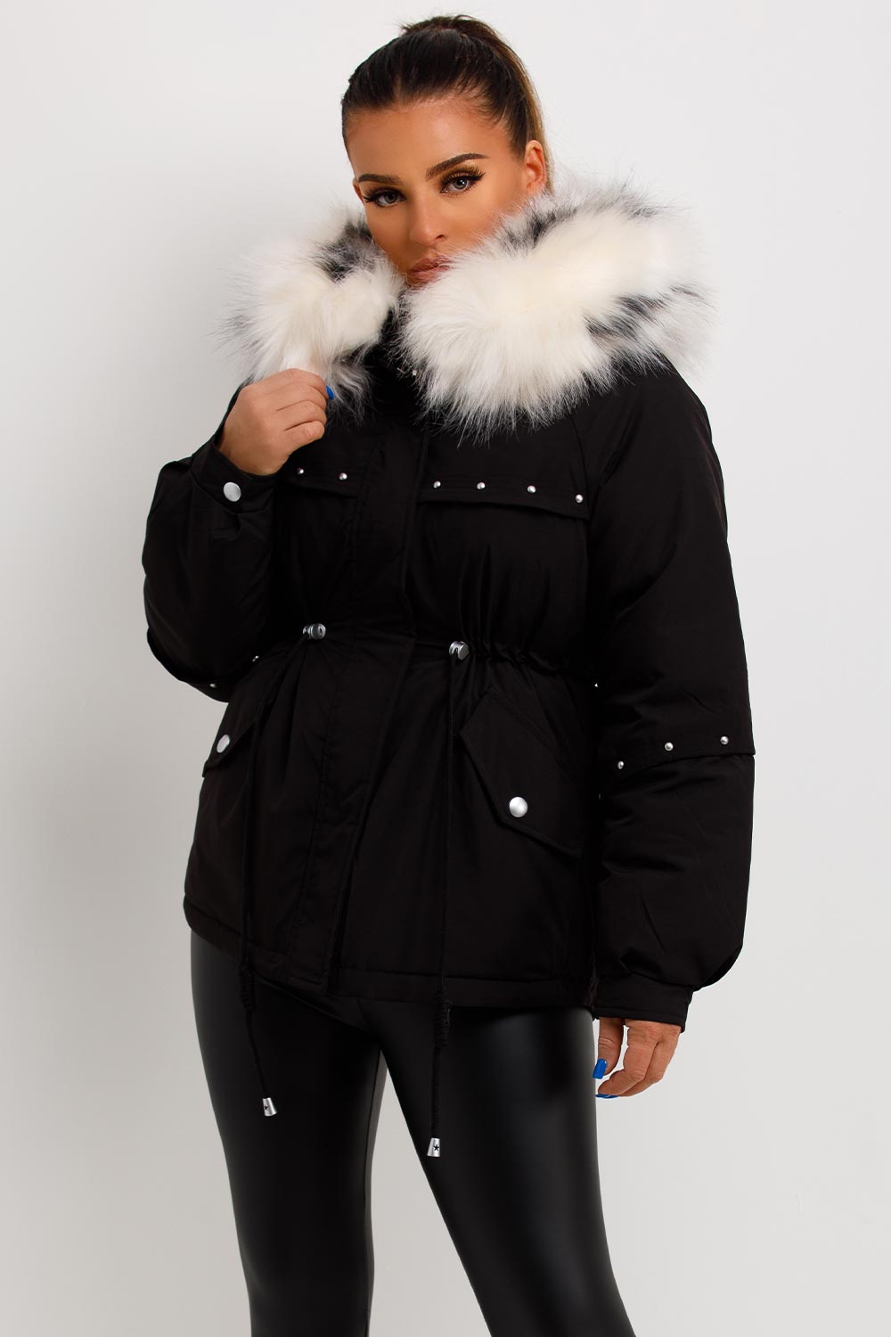 Women's Black Coat With Faux Fur Hood And Drawstring Waist – Styledup.co.uk