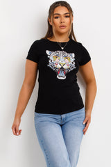 diamante pearl tiger detail t shirt womens