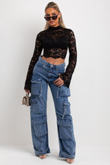 black lace long flare sleeve crop top occasion outfit