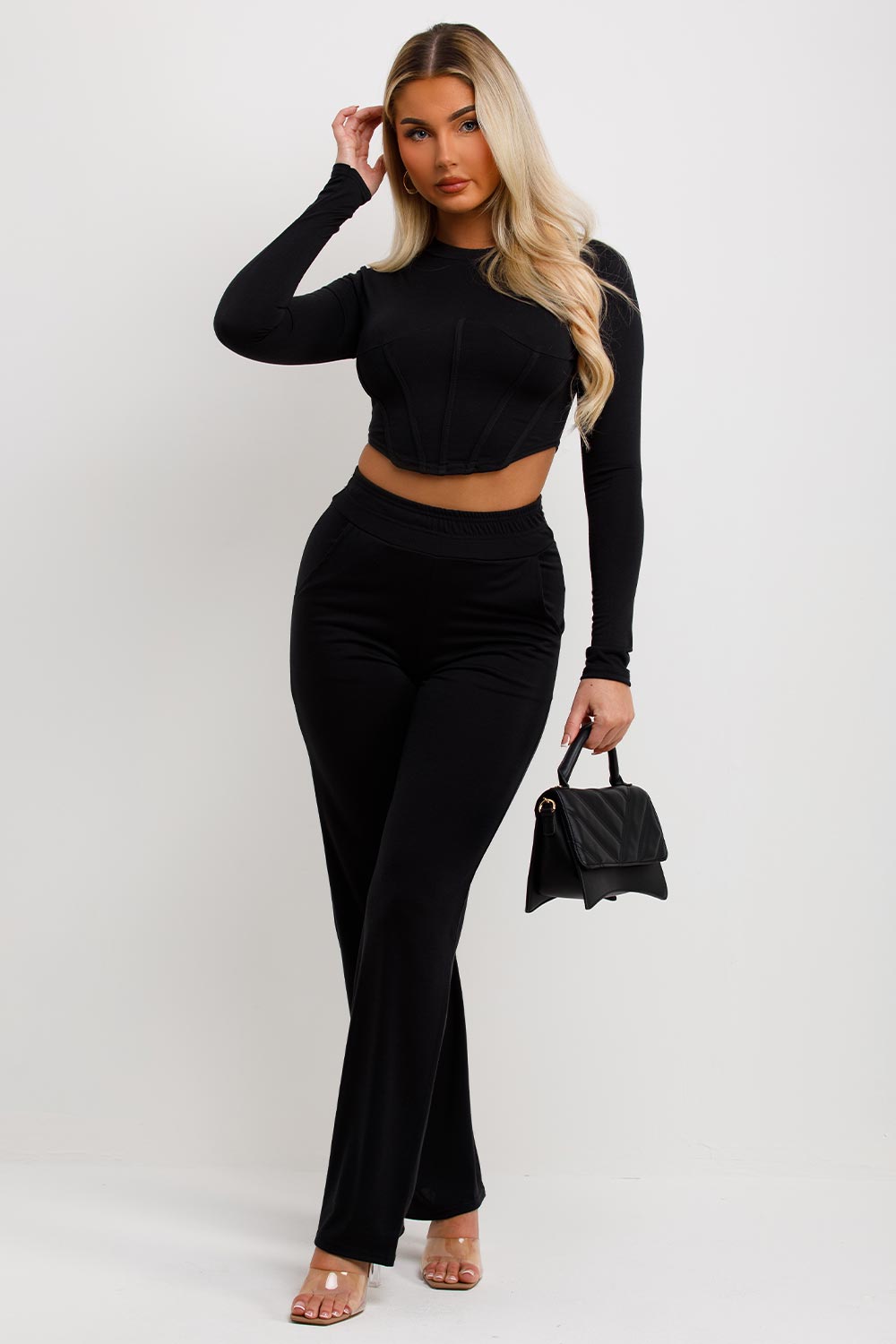 corset top and straight leg trousers set black going out outfit