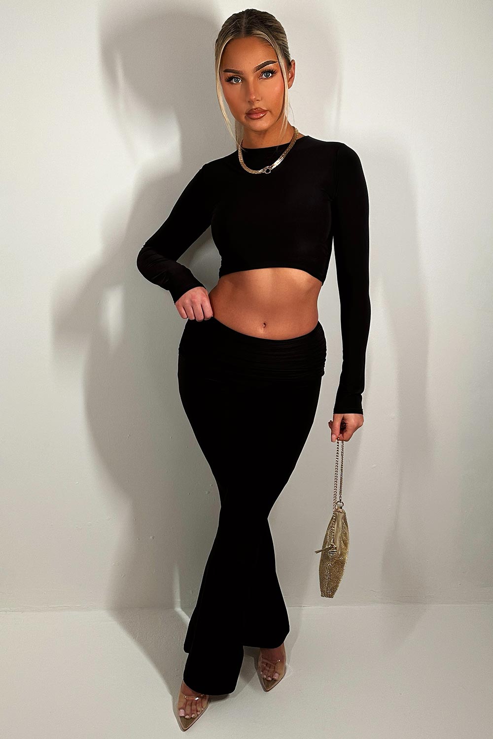 fold over waist flared trousers and top two piece set black going out two piece outfit