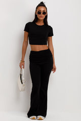 womens fold detail flare trousers and top co ord set black 