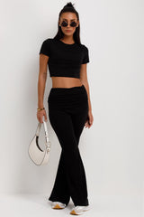 womens black flare trousers and top two piece set casual outfit