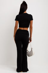 fold detail skinny flare trousers and crop top co ord set black