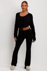 ruched sleeve cardigan top and fold detail flare trousers matching set