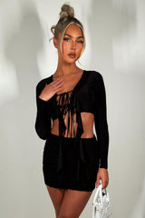 frilly skirt and long sleeve tie front crop top co ord set festival going out holiday outfit 