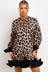 womens oversized leopard print sweatshirt dress with frill hem