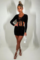 frill hem mini skirt and long sleeve tie front frilly crop top set festival going out holiday outfit 