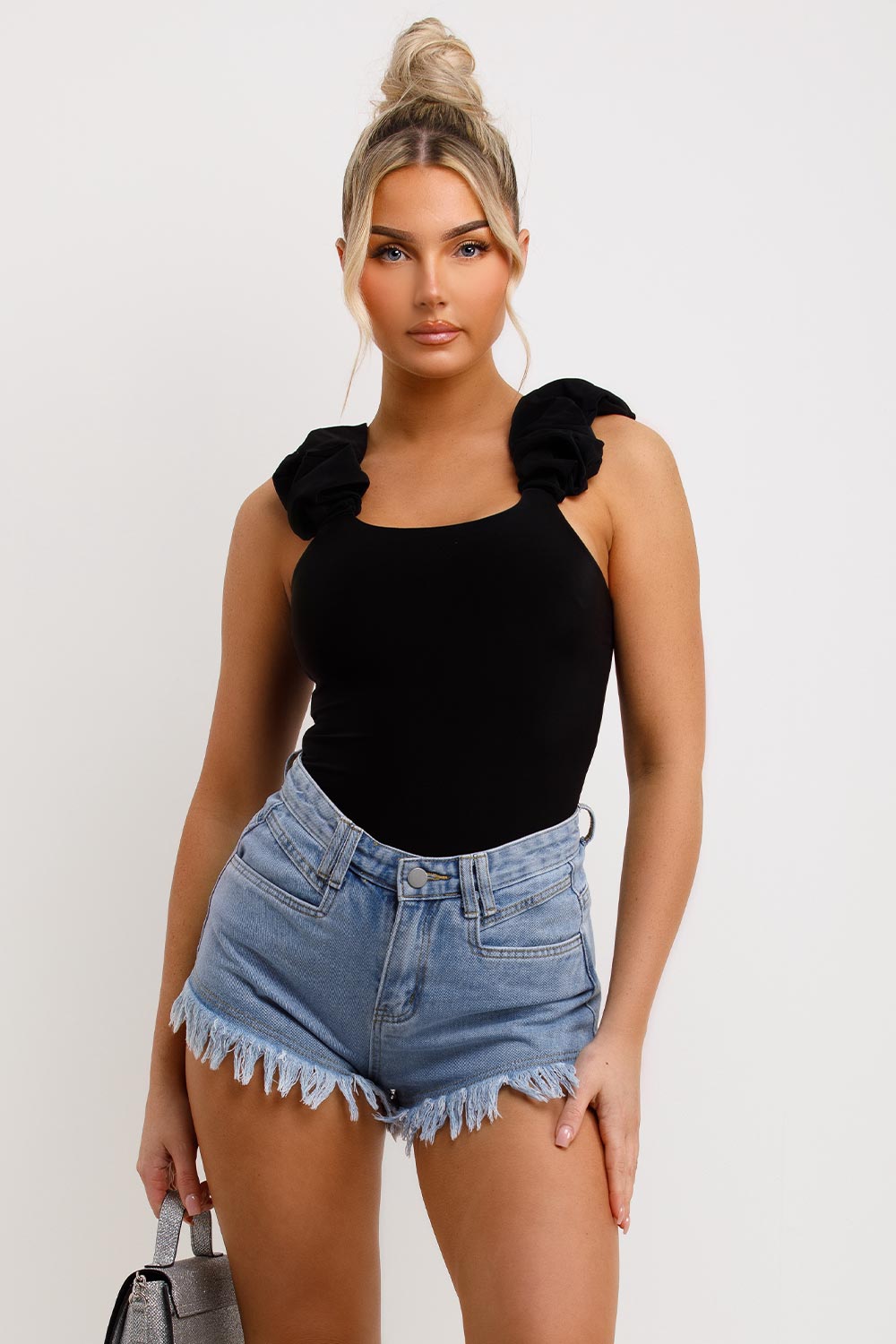 ruffle ruched slinky double lined bodysuit top black going out bodysuit