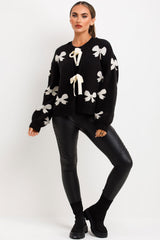 womens knitted jumper with diamante bow detail black