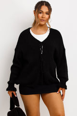 tie front chunky knit cardigan black