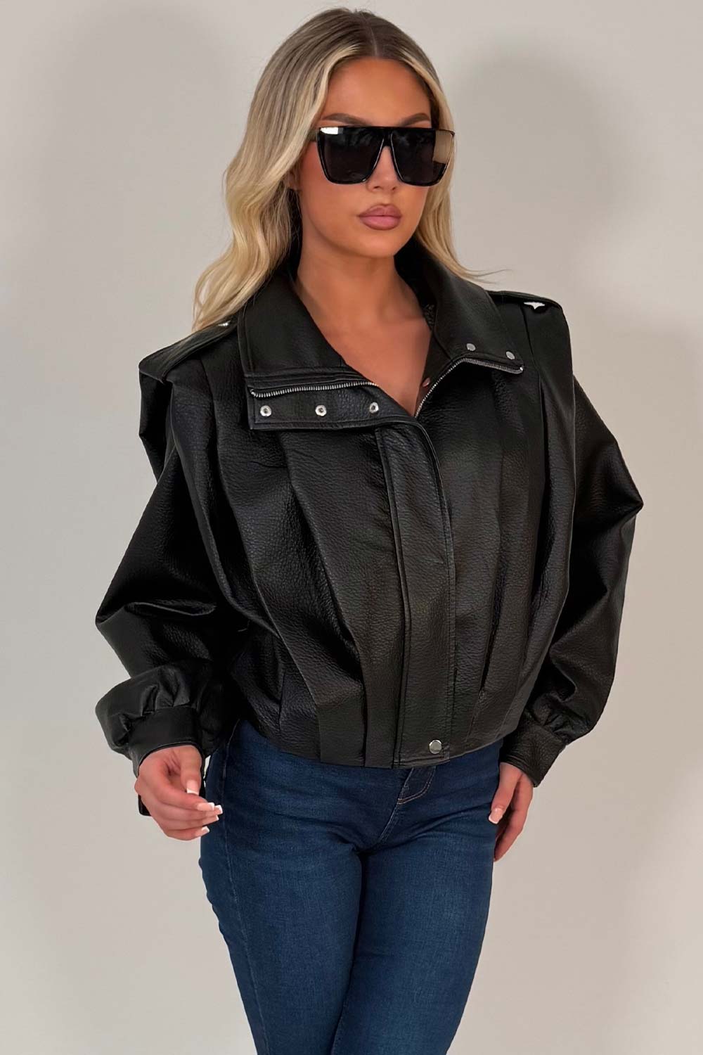 womens funnel neck bomber jacket in faux leather black zara uk