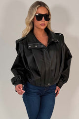 womens funnel neck bomber jacket in faux leather black zara uk