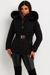 back to school puffer padded jacket with gold buckle belt womens