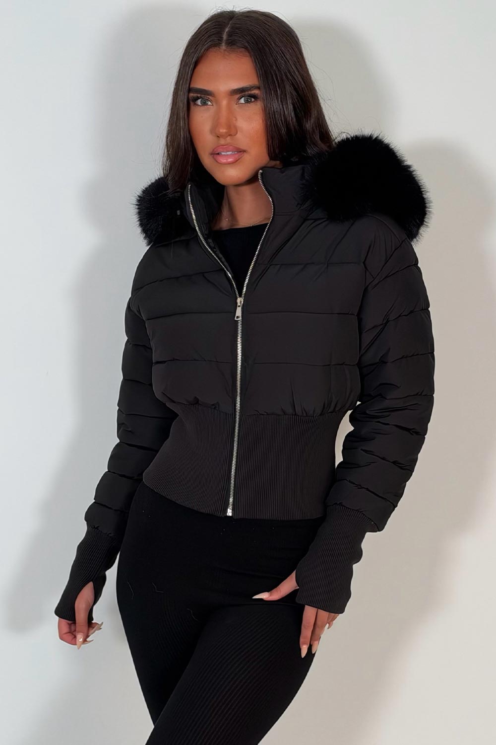womens puffer padded ski jacket with fur hood black styledup uk