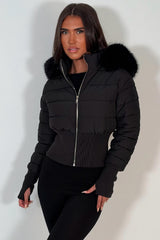 womens puffer padded ski jacket with fur hood black styledup uk