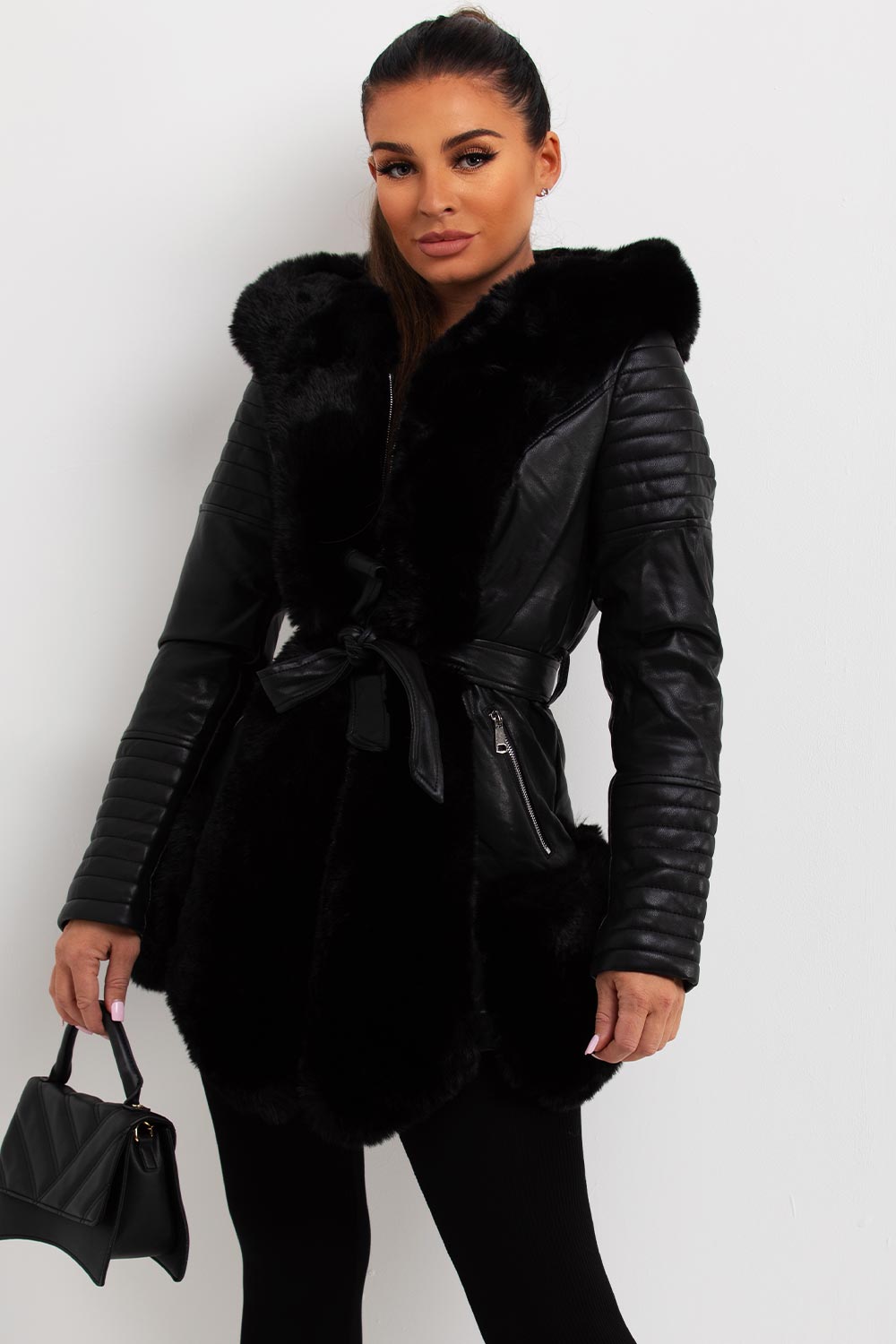 womens faux leather jacket with faux fur panels hooded