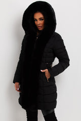 womens padded puffer coat with faux fur hood and trim