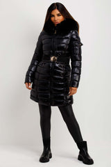 Black Shiny Puffer Coat With Fur Hood