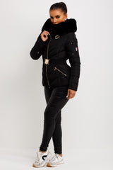 womens puffer jacket with belt and faux fur hood black