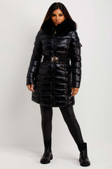 Black Shiny Puffer Coat With Fur Hood