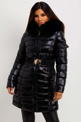 Black Shiny Puffer Coat With Fur Hood