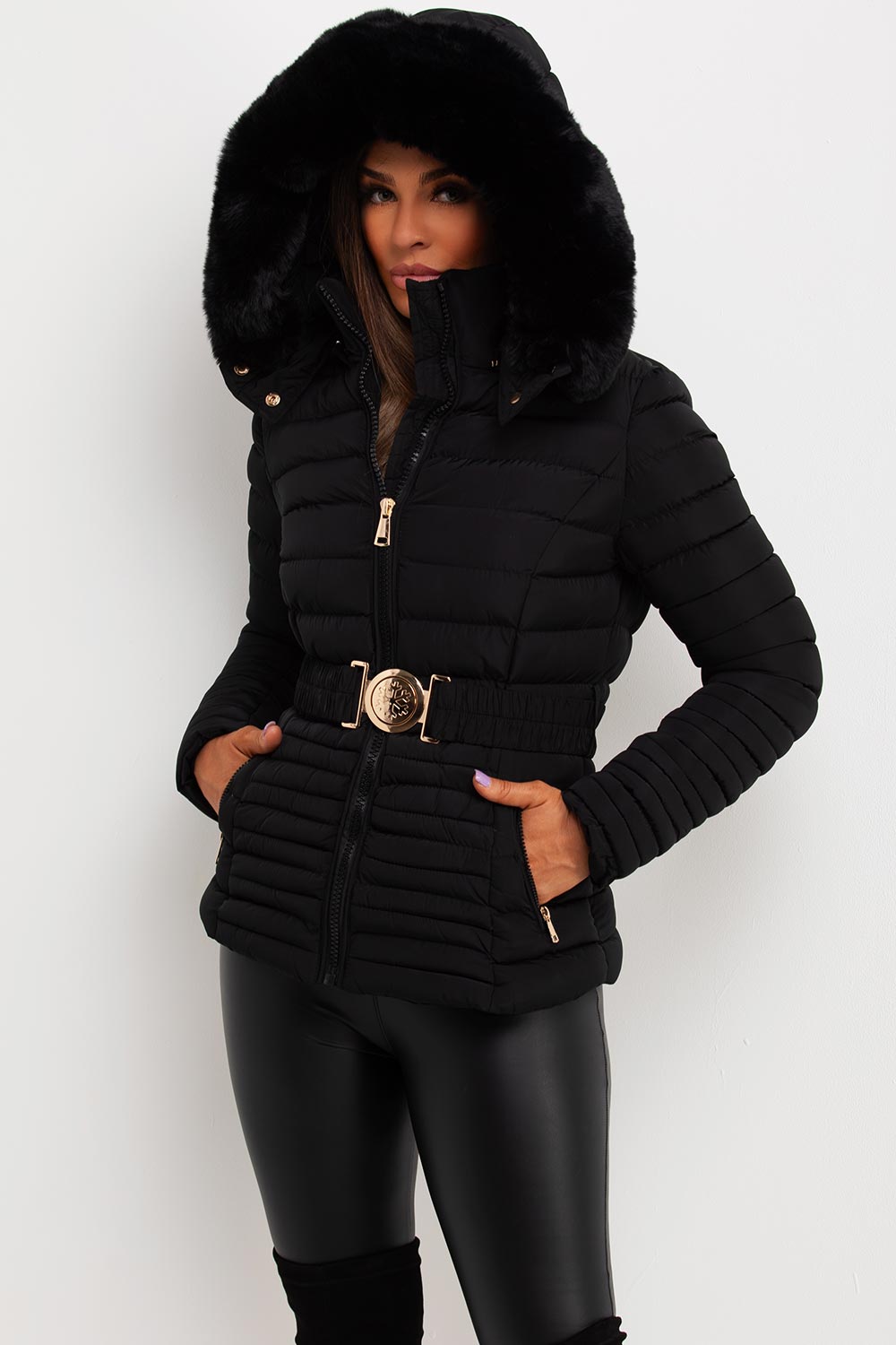 Women's Black Puffer Jacket With Faux Fur Hood And Gold Belt Outerwear ...