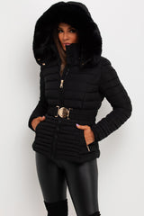 big fur hood puffer padded jacket with gold belt womens uk