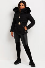 womens padded puffer fur hood jacket with gold buckle belt