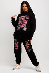 womens hoodie and joggers tracksuit lounge set with lovely club graphic print