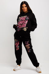 womens hoodie and joggers co ord set with lovely club graphic print