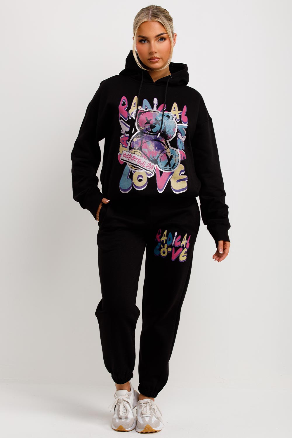 womens hoodie and joggers co ord set with radical teddy graphic print