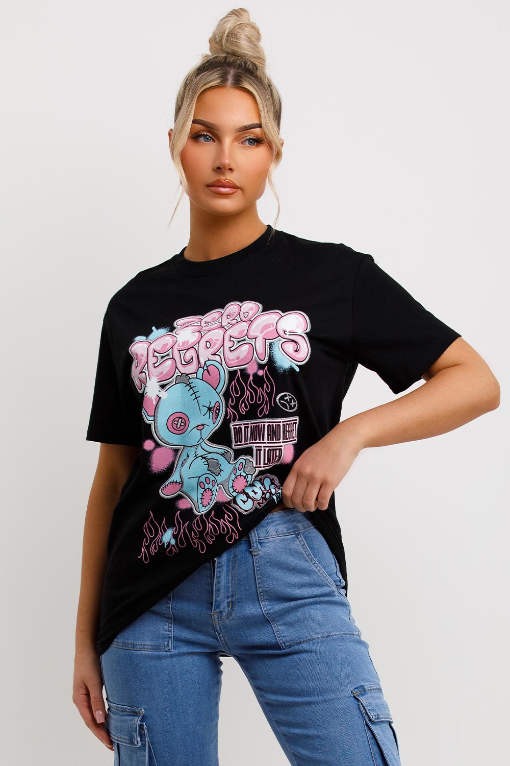 womens black oversized t shirt with teddy bear graphics