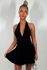 halter neck mini dress with open back black