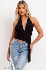 womens halter neck top with drape detail and backless