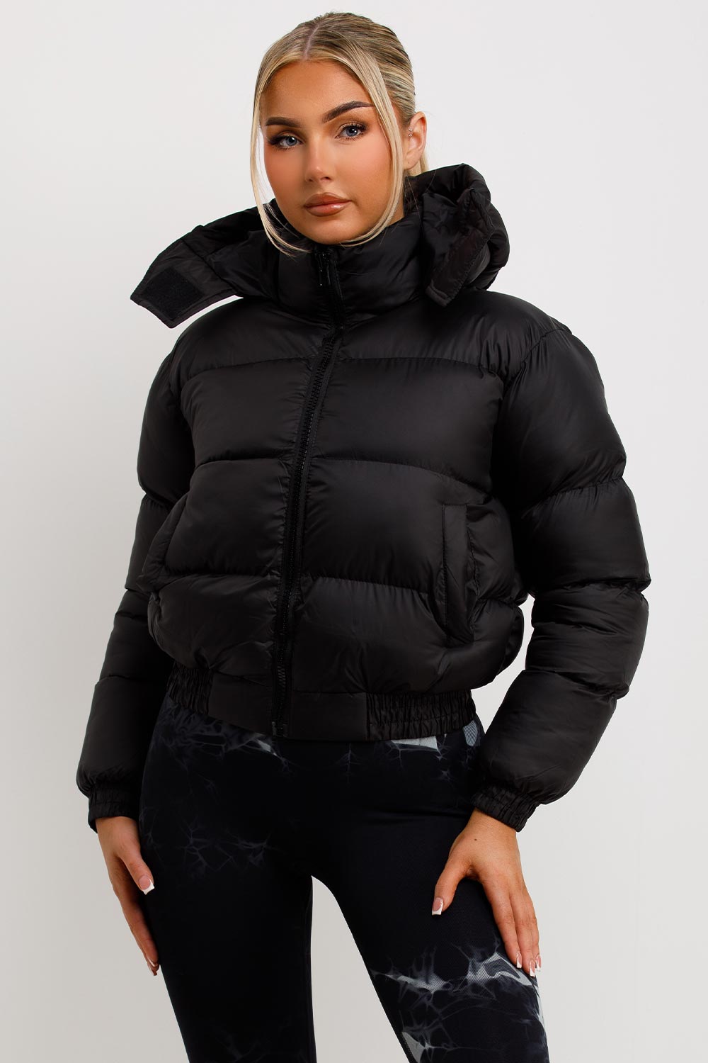womens black puffer jacket with hood sale