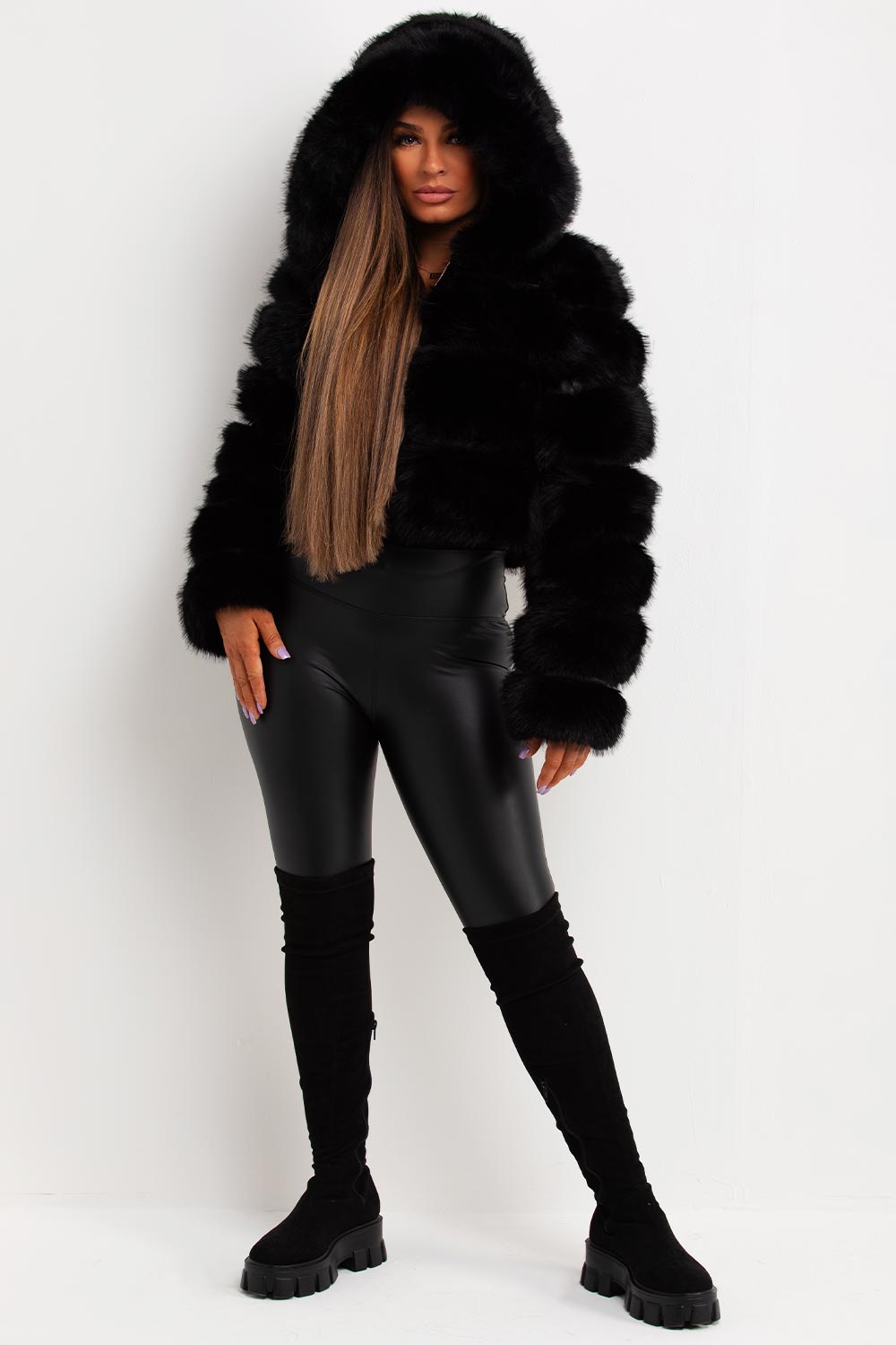 faux fur hooded coat with long sleeves uk styledup fashion