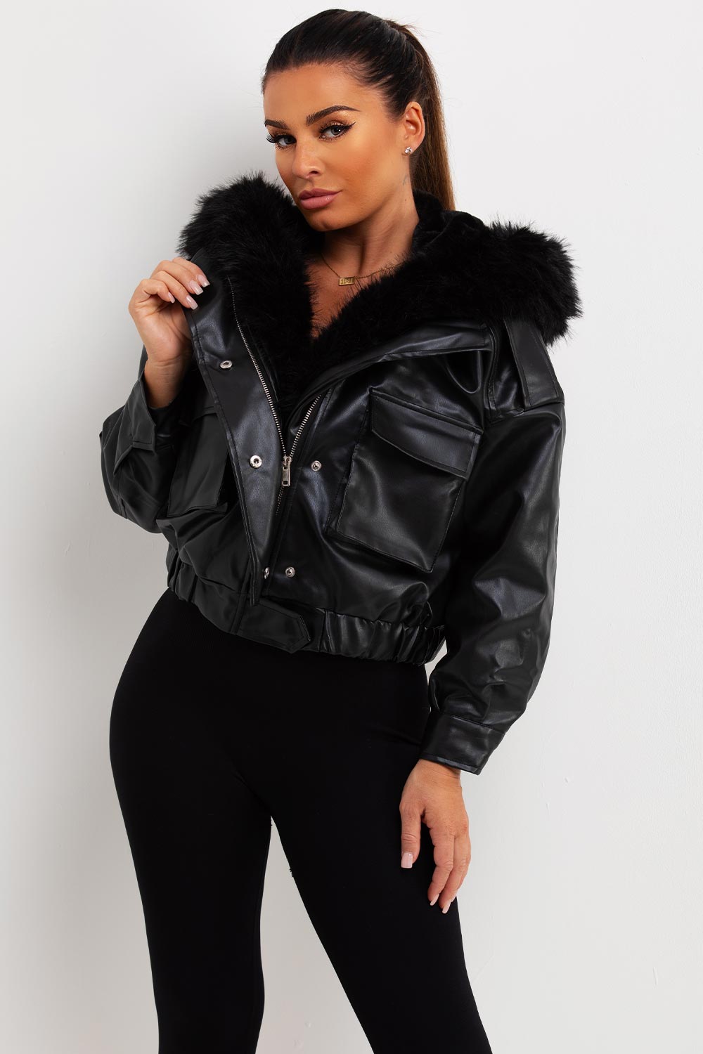 faux leather faux fur bomber jacket womens