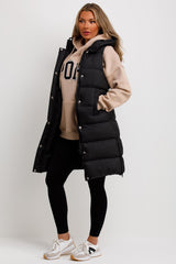 womens long puffer padded gilet with hood