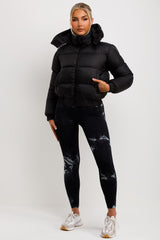 womens puffer padded black jacket with hood