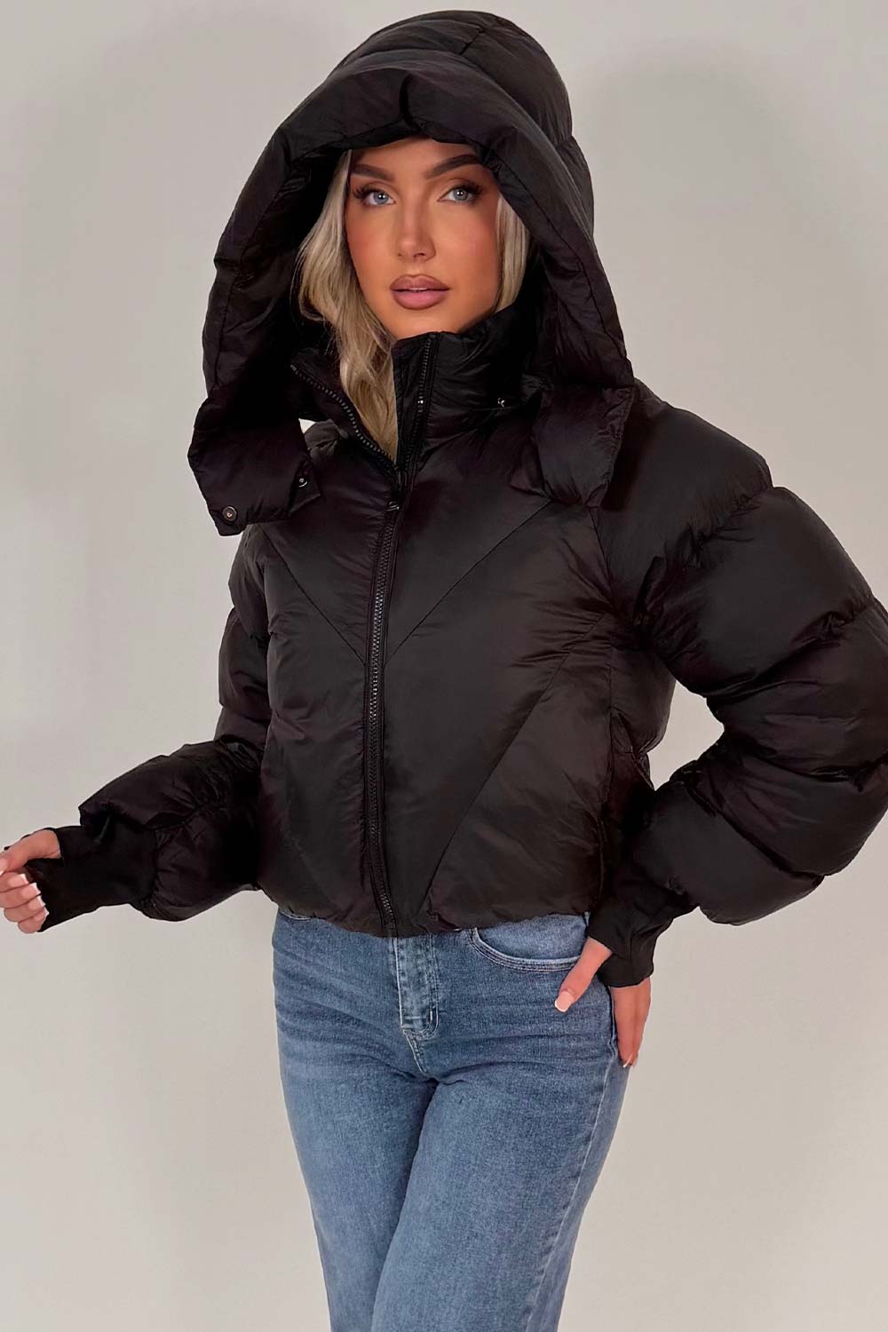 padded puffer crop jacket with hood black uk