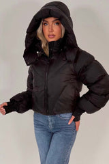 padded puffer crop jacket with hood black uk