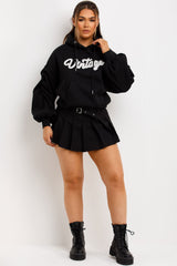 womens ruched sleeve hoodie with vintage slogan