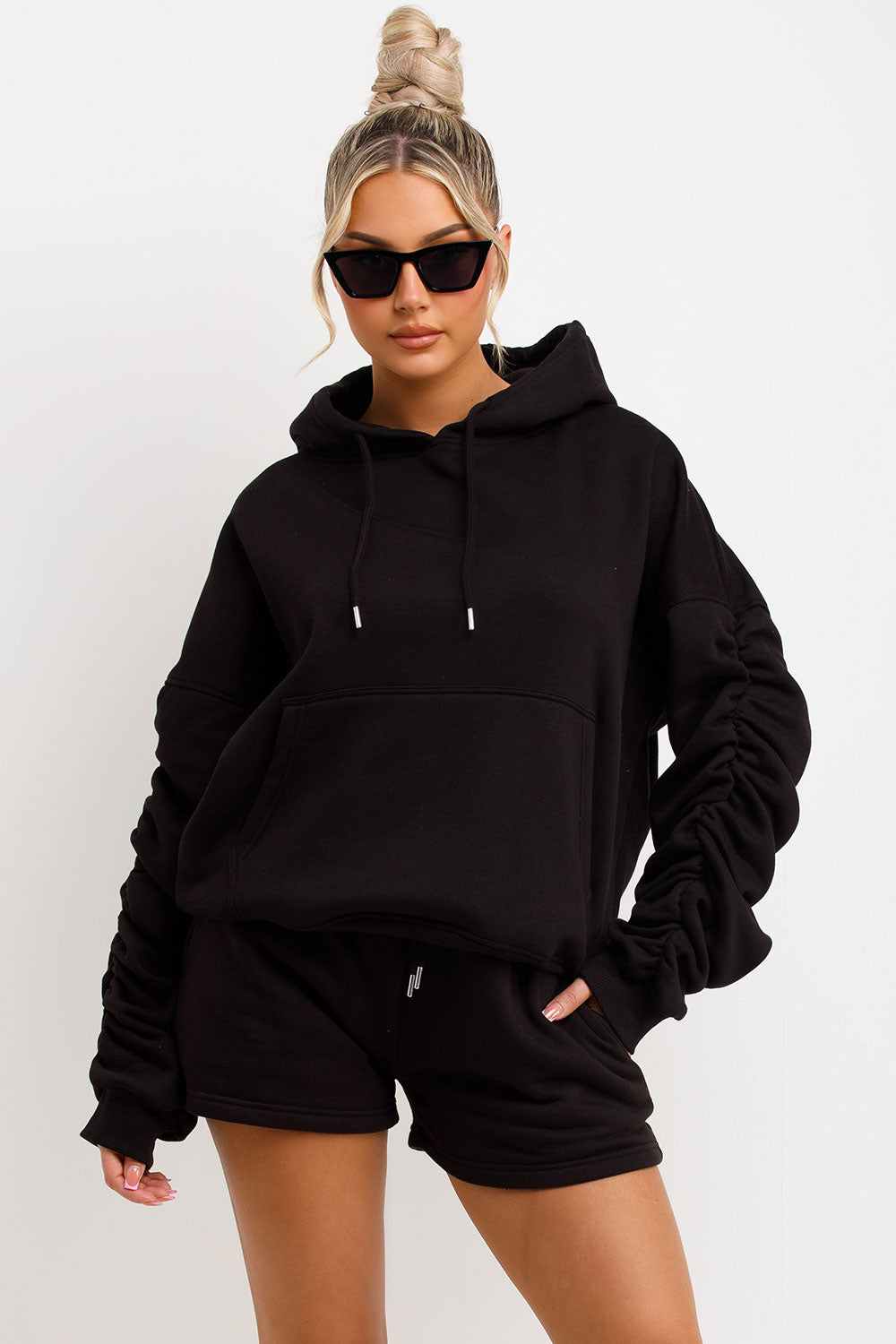 ruched sleeve hoodie and shorts loungewear set summer tracksuit